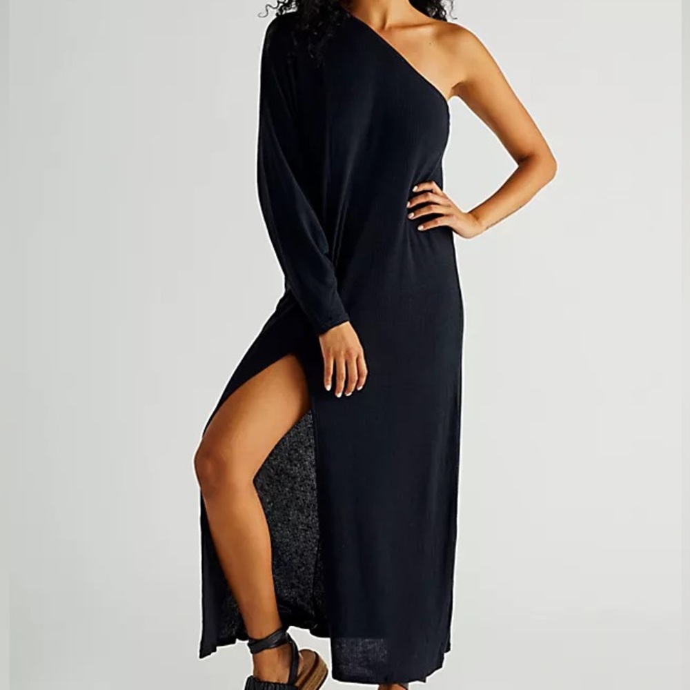 FP Beach Women S Black Ribbed Linen Blend Slouchy Kara One Shoulder Midi Dress